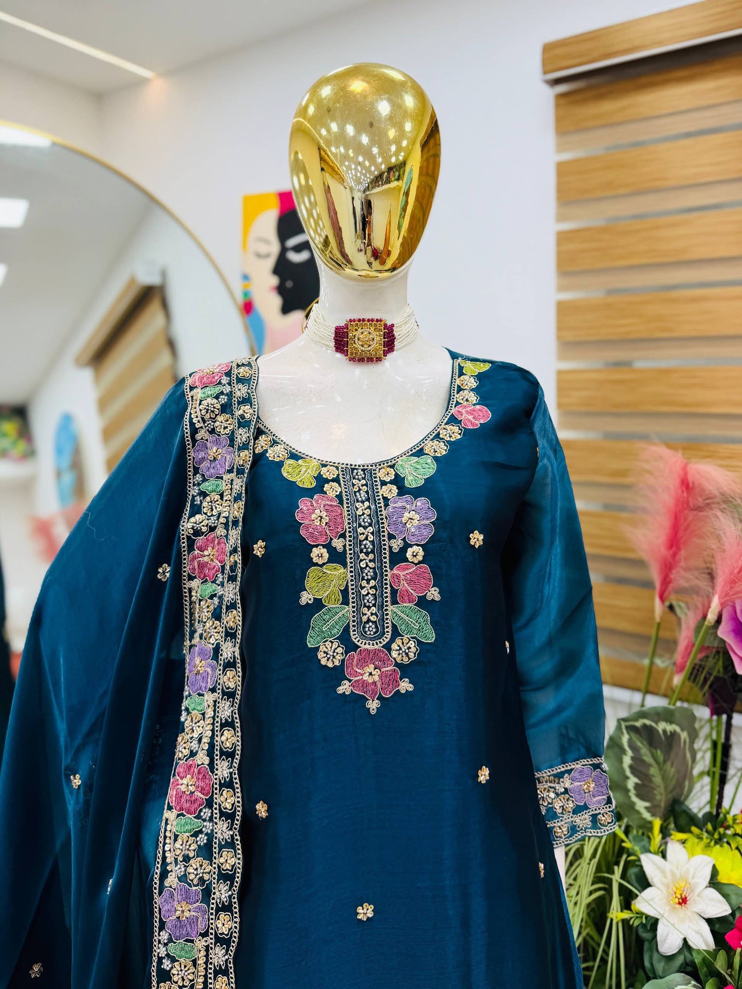Designer Jimi Silk Embroidered Top Palazzo Set with Dupatta