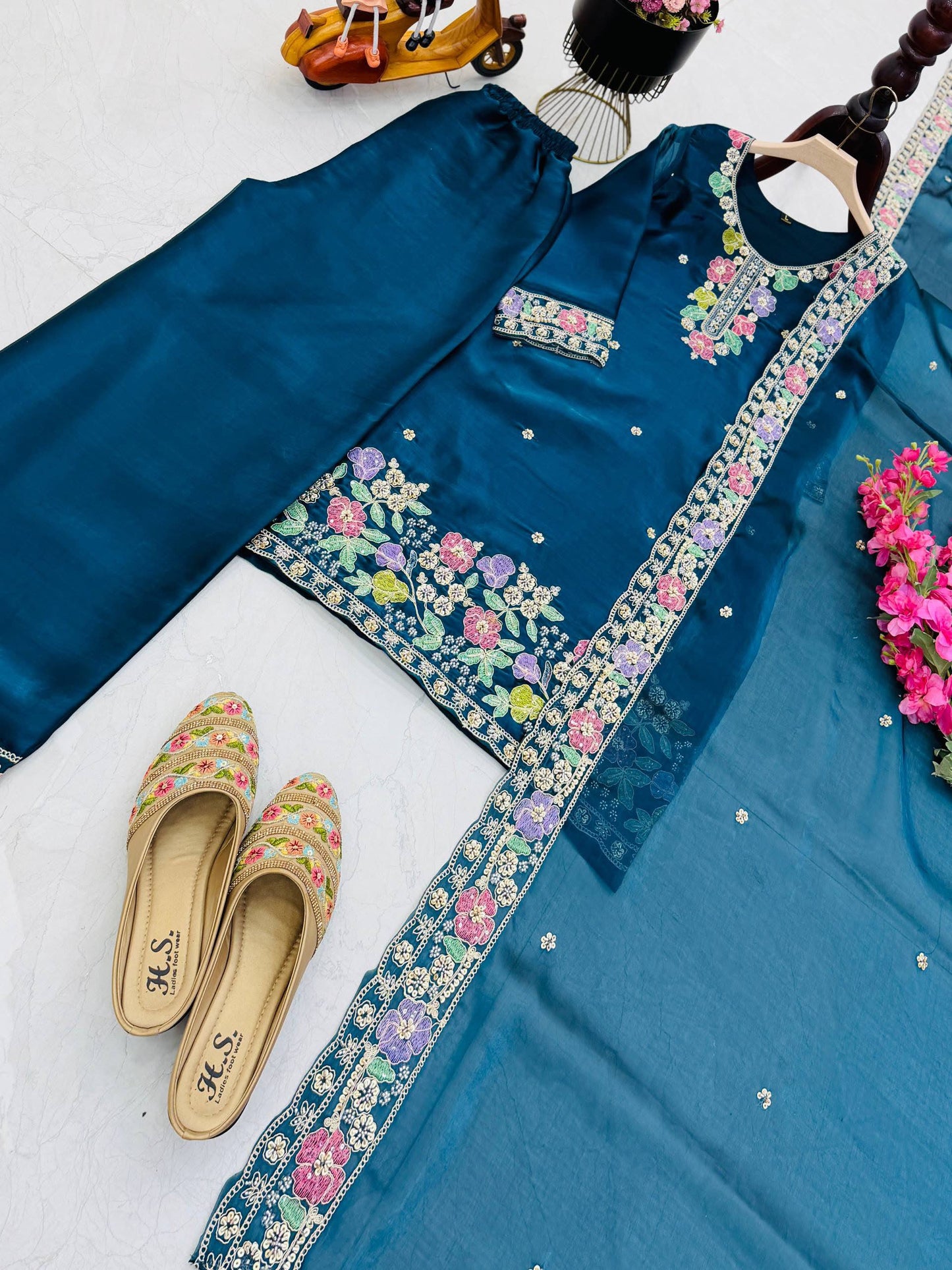 Designer Jimi Silk Embroidered Top Palazzo Set with Dupatta