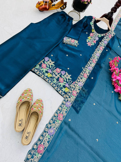 Designer Jimi Silk Embroidered Top Palazzo Set with Dupatta