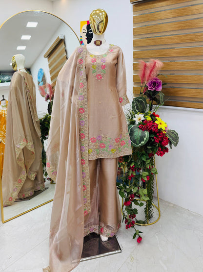 Designer Jimi Silk Embroidered Top Palazzo Set with Dupatta