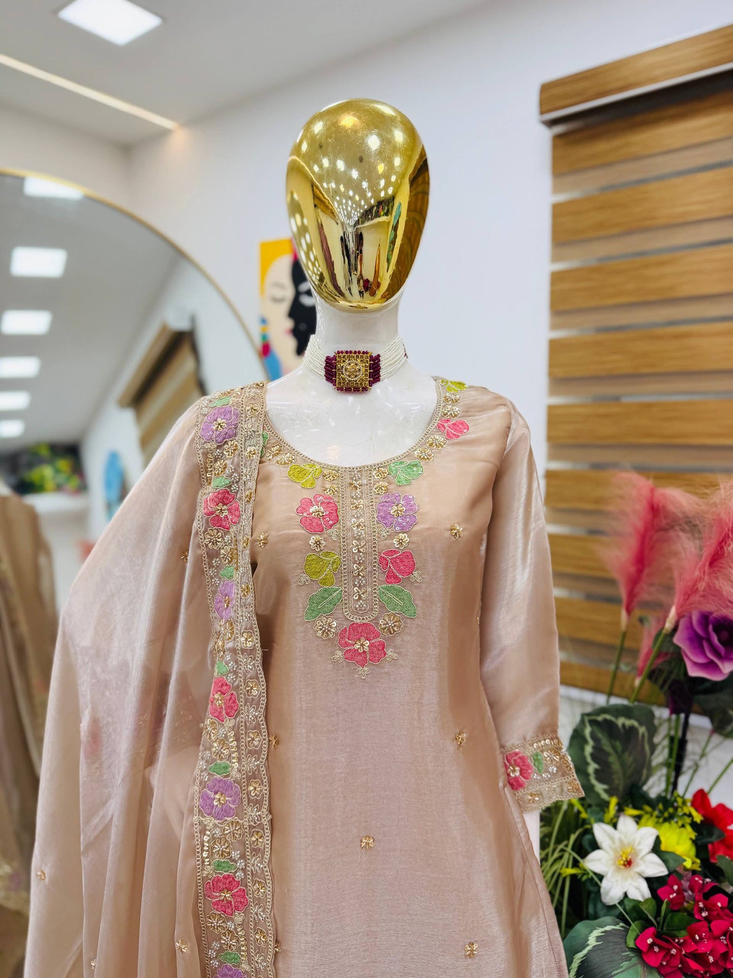 Designer Jimi Silk Embroidered Top Palazzo Set with Dupatta