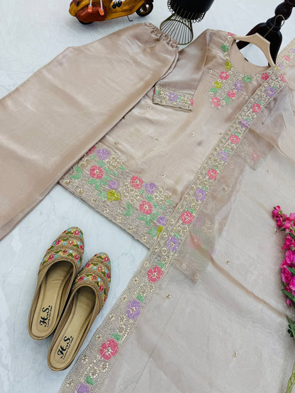 Designer Jimi Silk Embroidered Top Palazzo Set with Dupatta