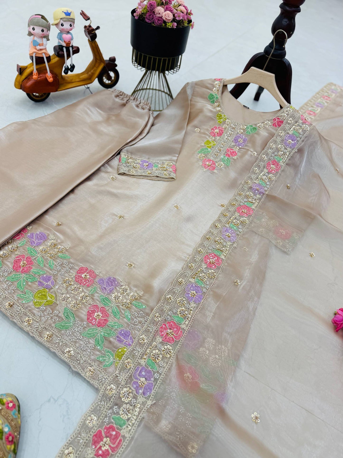 Designer Jimi Silk Embroidered Top Palazzo Set with Dupatta