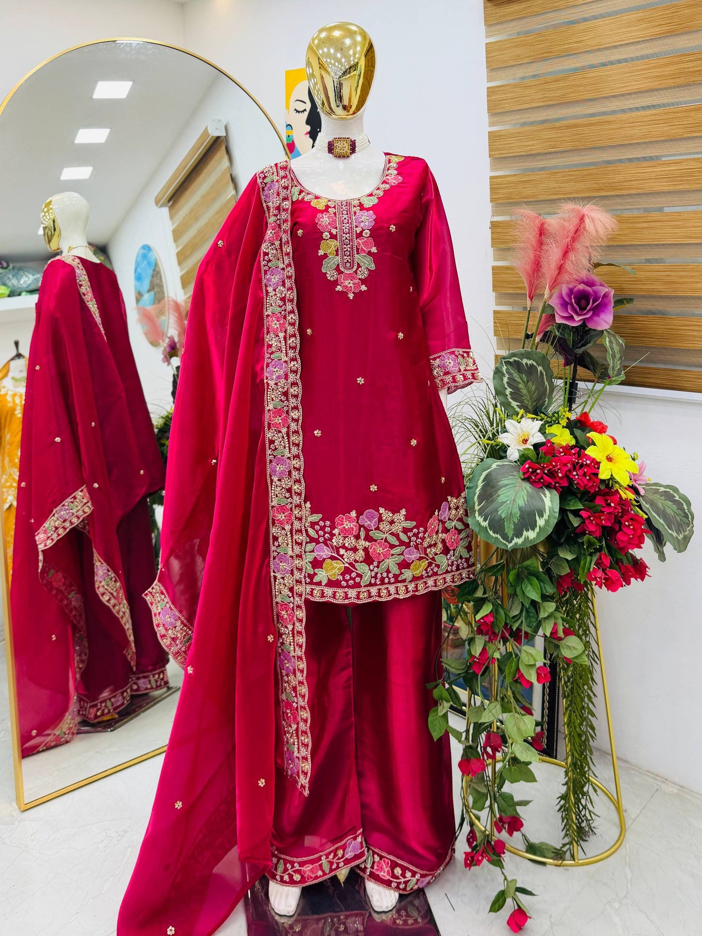 Designer Jimi Silk Embroidered Top Palazzo Set with Dupatta