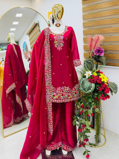 Designer Jimi Silk Embroidered Top Palazzo Set with Dupatta