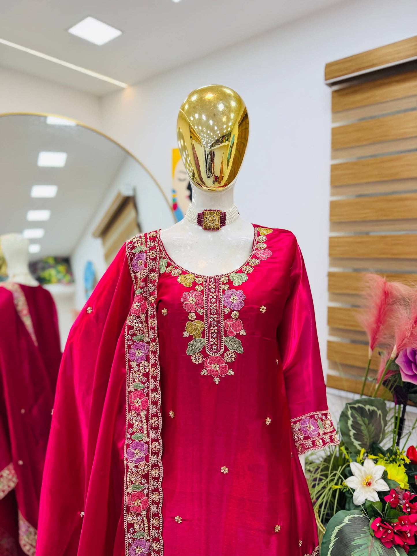 Designer Jimi Silk Embroidered Top Palazzo Set with Dupatta