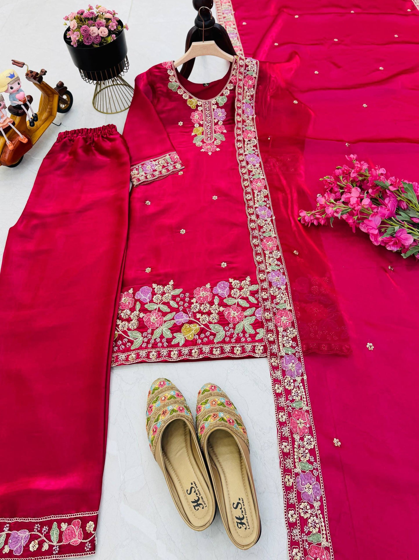 Designer Jimi Silk Embroidered Top Palazzo Set with Dupatta