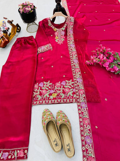 Designer Jimi Silk Embroidered Top Palazzo Set with Dupatta
