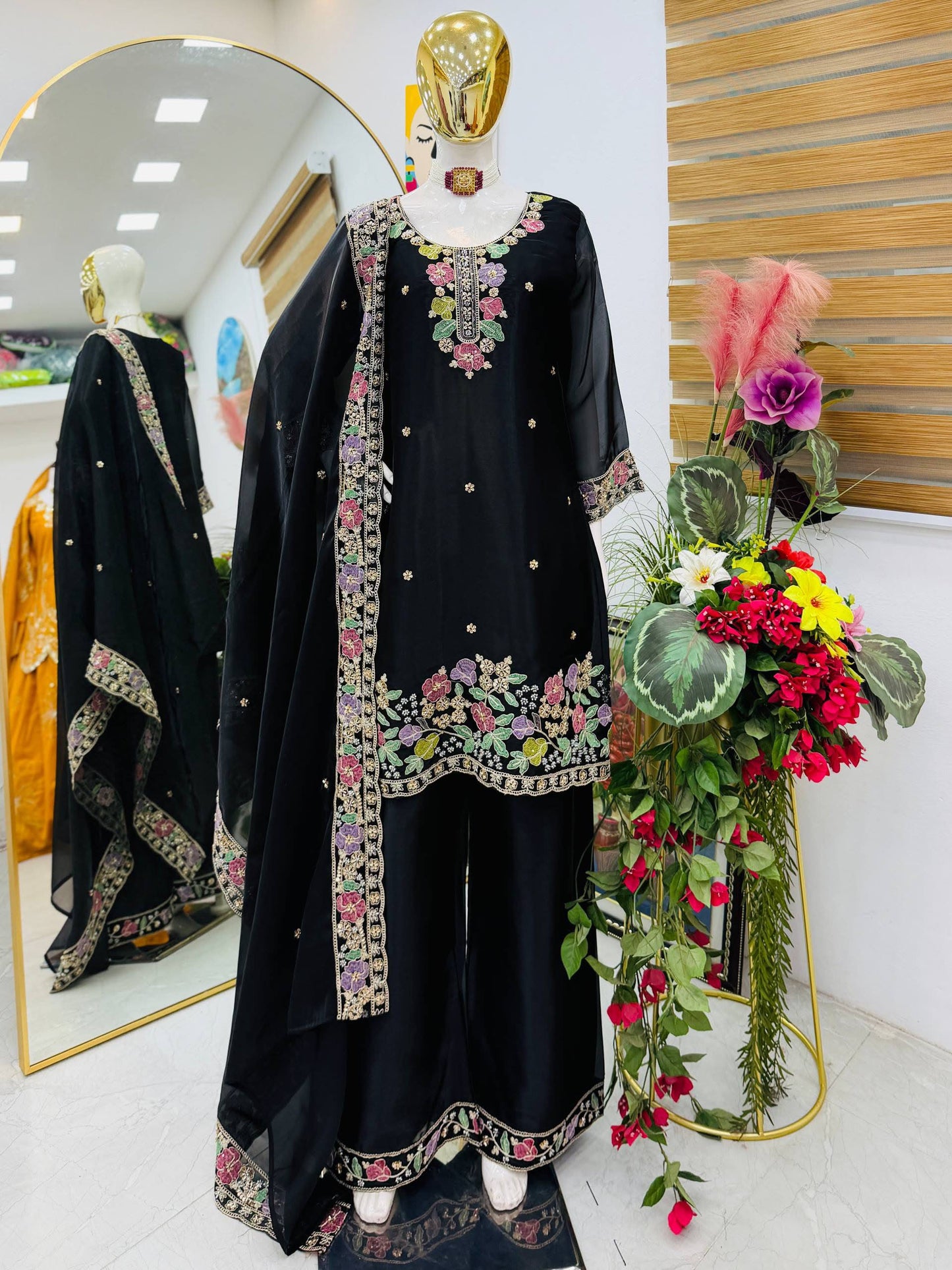 Designer Jimi Silk Embroidered Top Palazzo Set with Dupatta