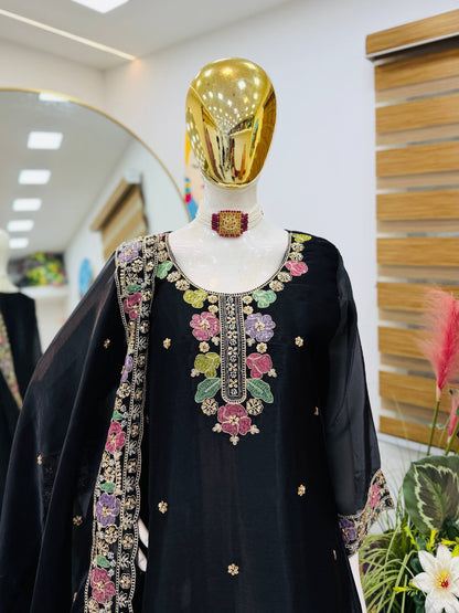 Designer Jimi Silk Embroidered Top Palazzo Set with Dupatta