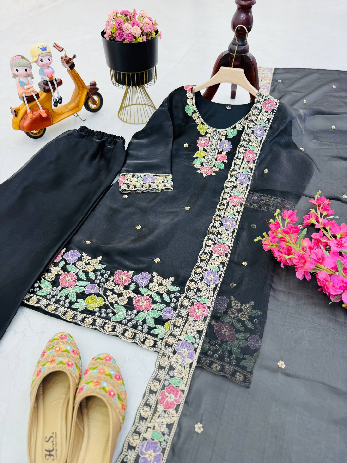 Designer Jimi Silk Embroidered Top Palazzo Set with Dupatta