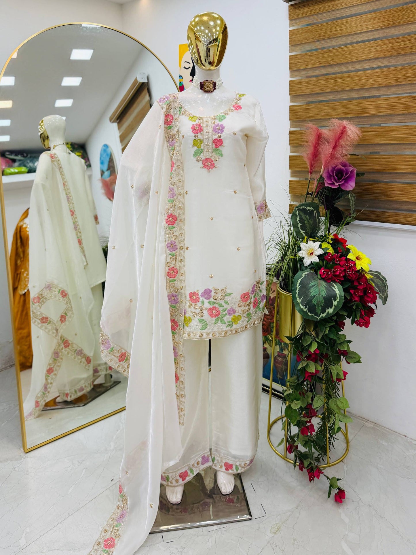 Designer Jimi Silk Embroidered Top Palazzo Set with Dupatta