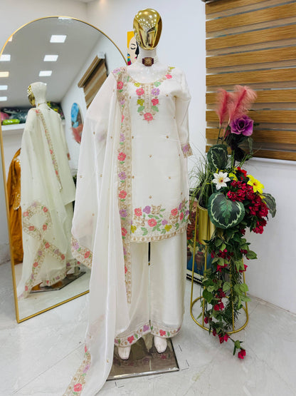Designer Jimi Silk Embroidered Top Palazzo Set with Dupatta