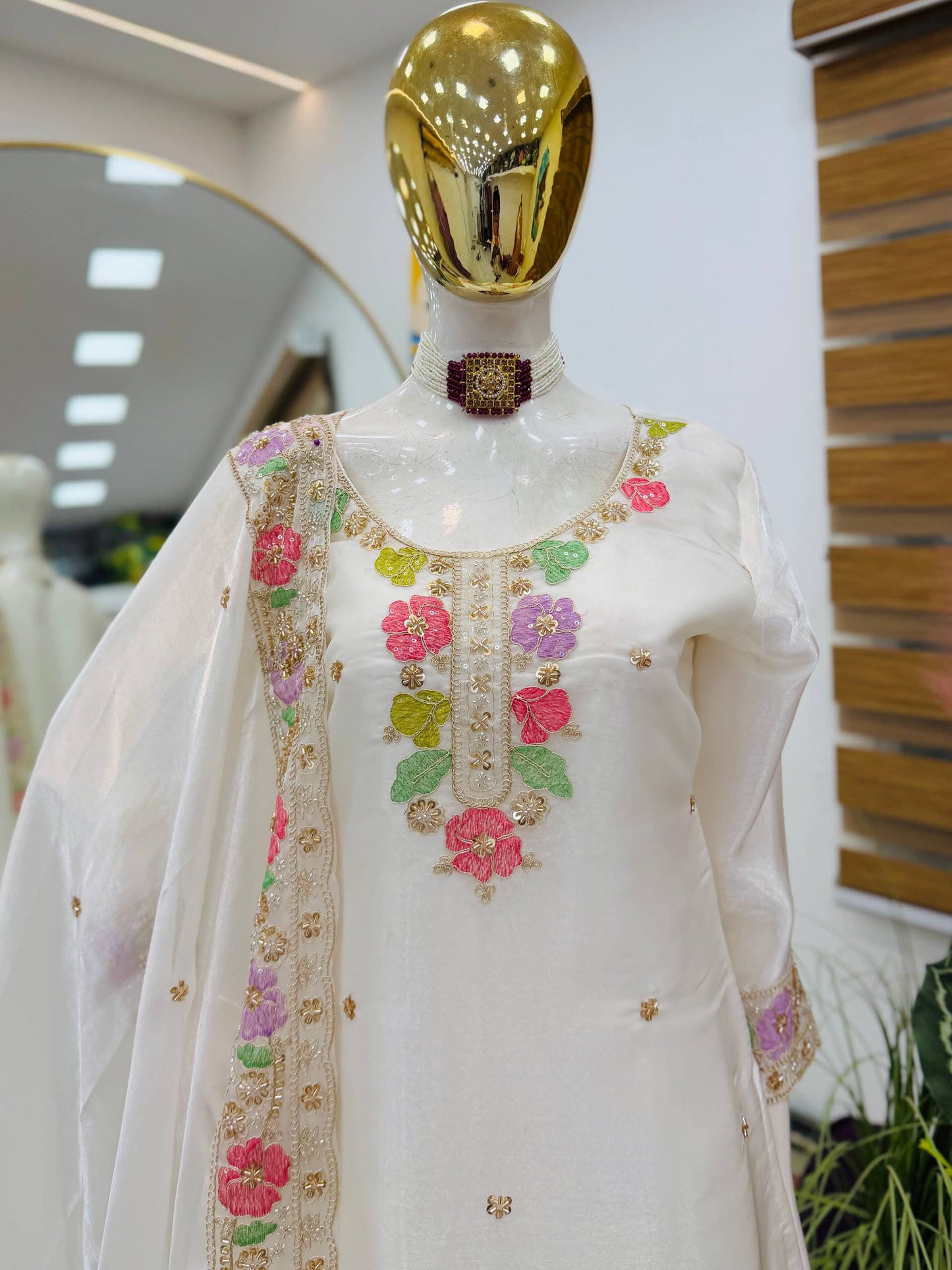 Designer Jimi Silk Embroidered Top Palazzo Set with Dupatta