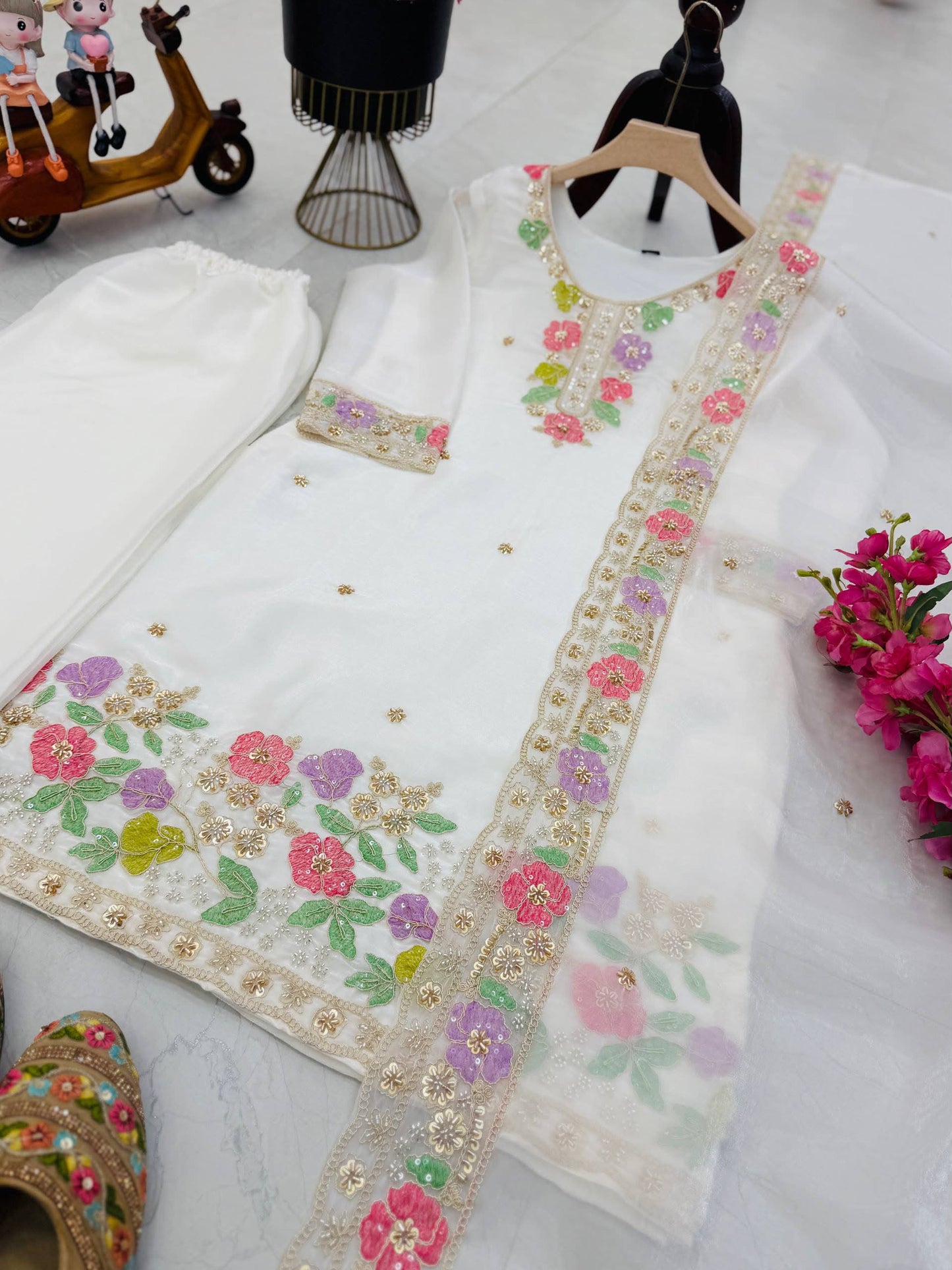 Designer Jimi Silk Embroidered Top Palazzo Set with Dupatta