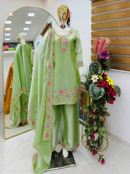 Designer Jimi Silk Embroidered Top Palazzo Set with Dupatta