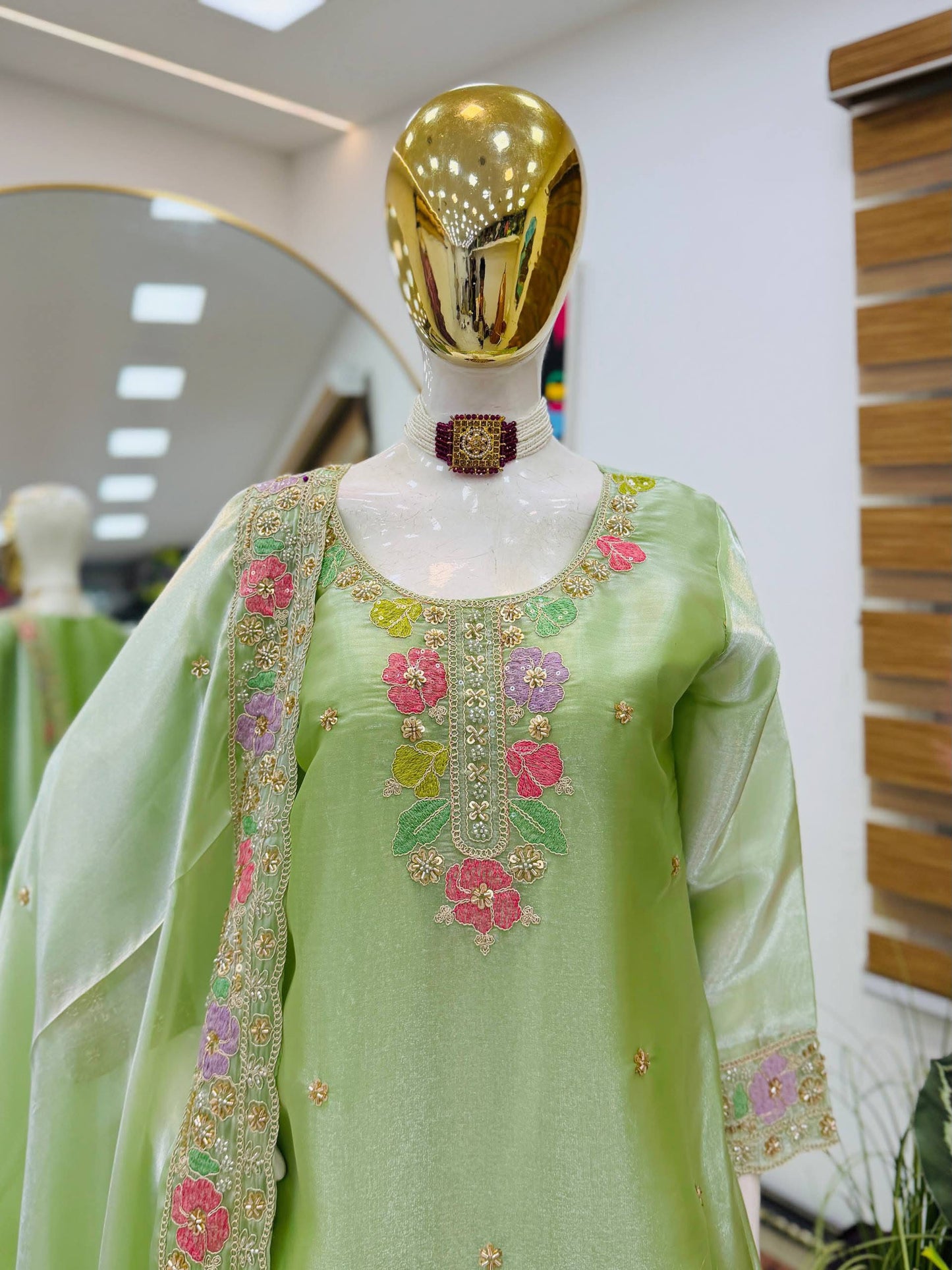 Designer Jimi Silk Embroidered Top Palazzo Set with Dupatta