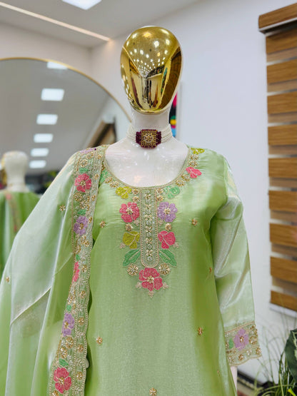 Designer Jimi Silk Embroidered Top Palazzo Set with Dupatta