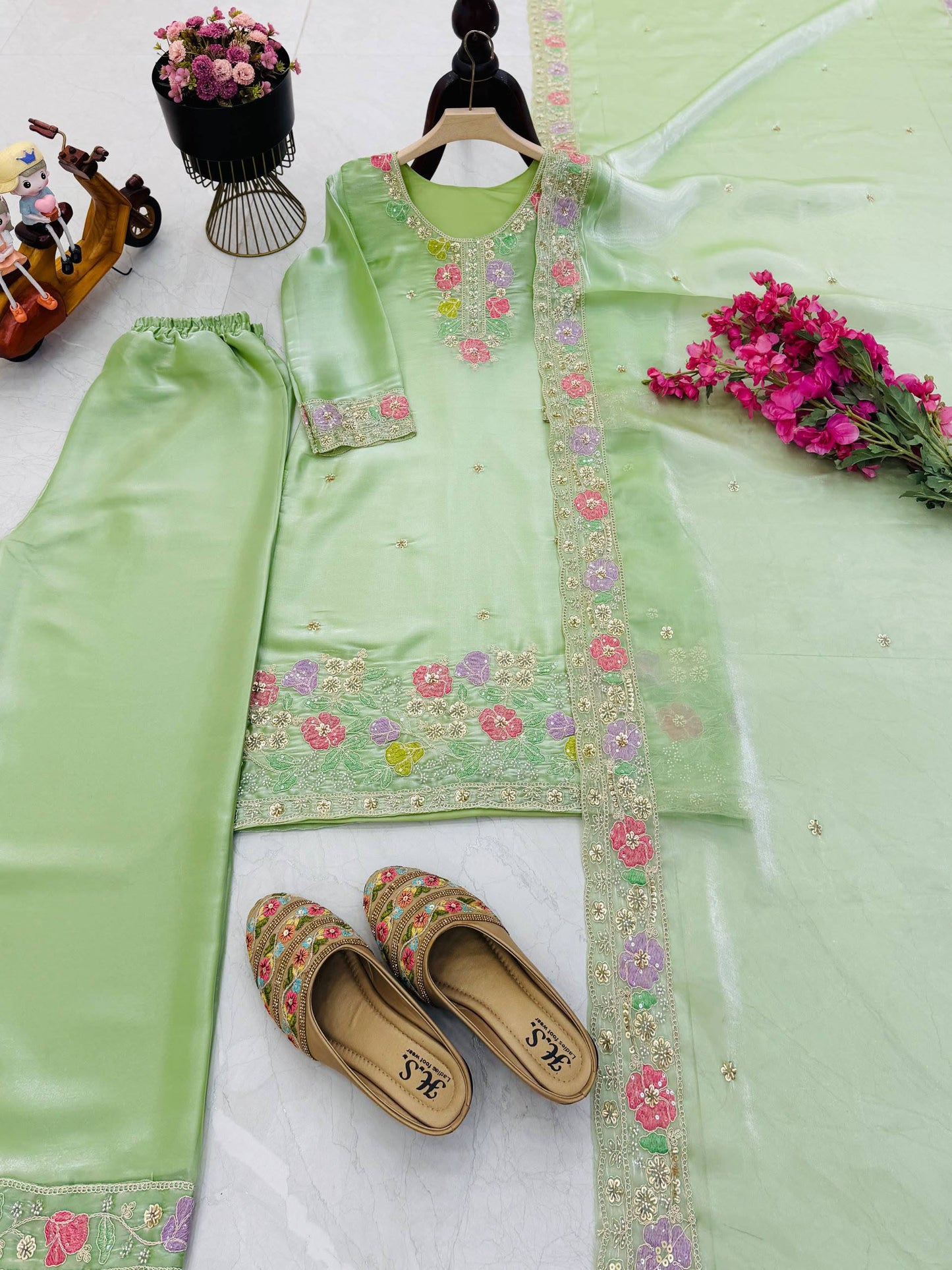 Designer Jimi Silk Embroidered Top Palazzo Set with Dupatta