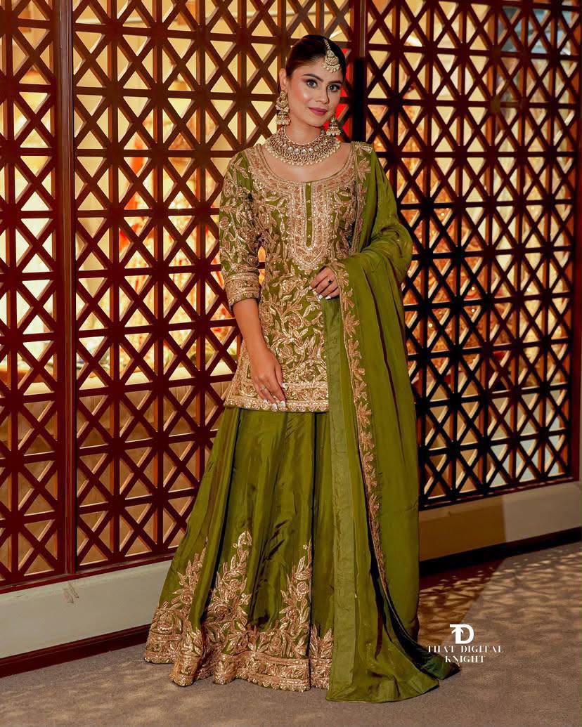 Designer Heavy Chinon Silk Embroidered Top Sharara Set with Dupatta