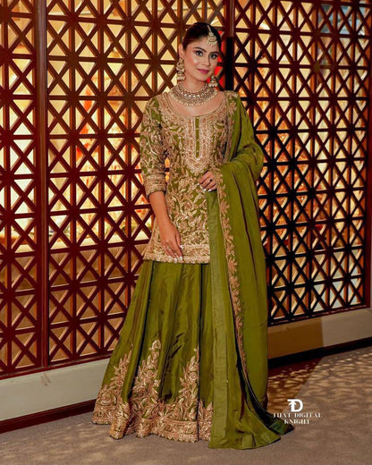 Designer Heavy Chinon Silk Embroidered Top Sharara Set with Dupatta