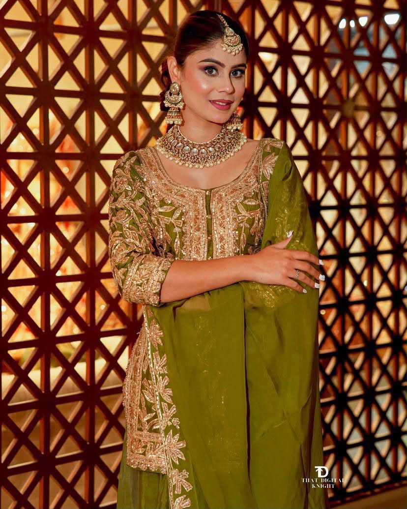 Designer Heavy Chinon Silk Embroidered Top Sharara Set with Dupatta