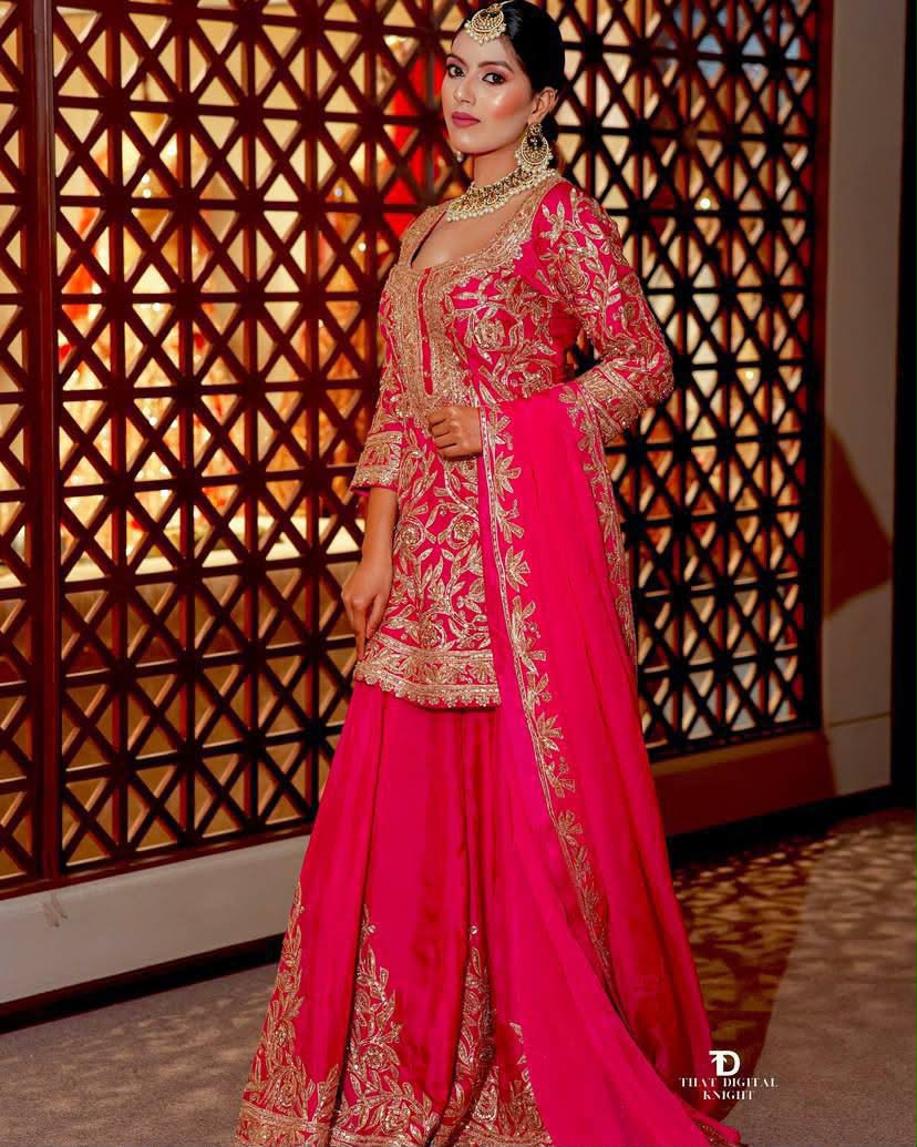 Designer Heavy Chinon Silk Embroidered Top Sharara Set with Dupatta