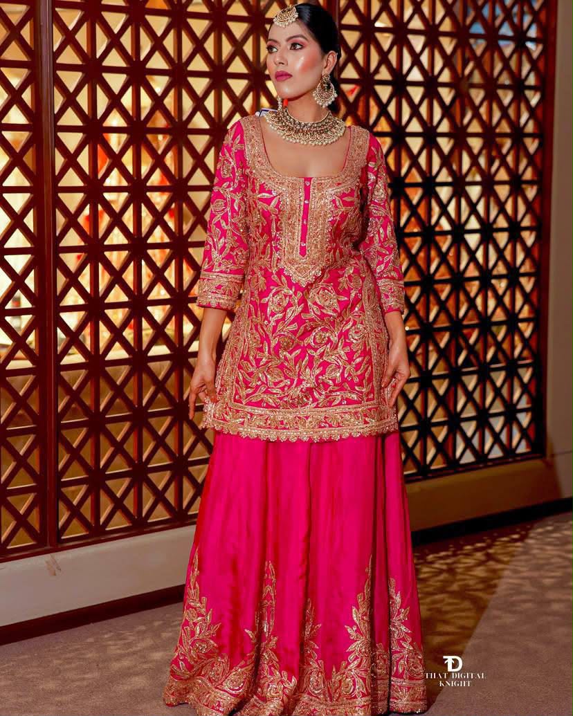 Designer Heavy Chinon Silk Embroidered Top Sharara Set with Dupatta