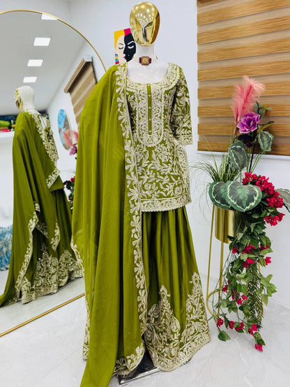 Designer Heavy Chinon Silk Embroidered Top Sharara Set with Dupatta