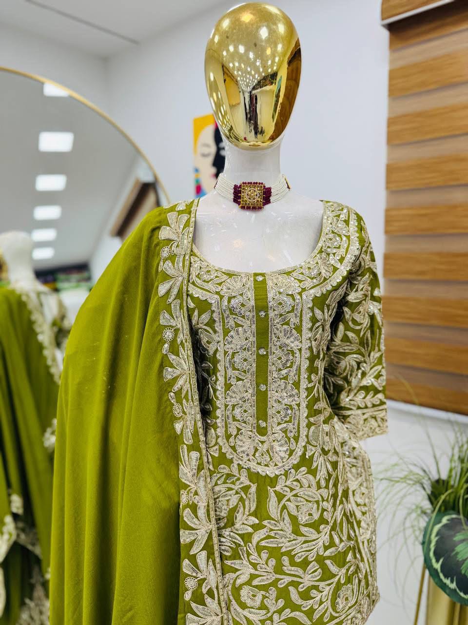 Designer Heavy Chinon Silk Embroidered Top Sharara Set with Dupatta