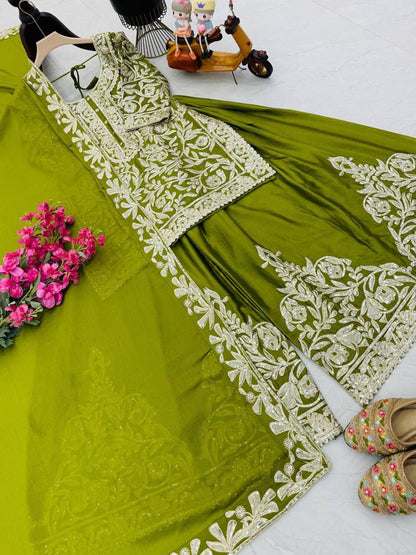 Designer Heavy Chinon Silk Embroidered Top Sharara Set with Dupatta