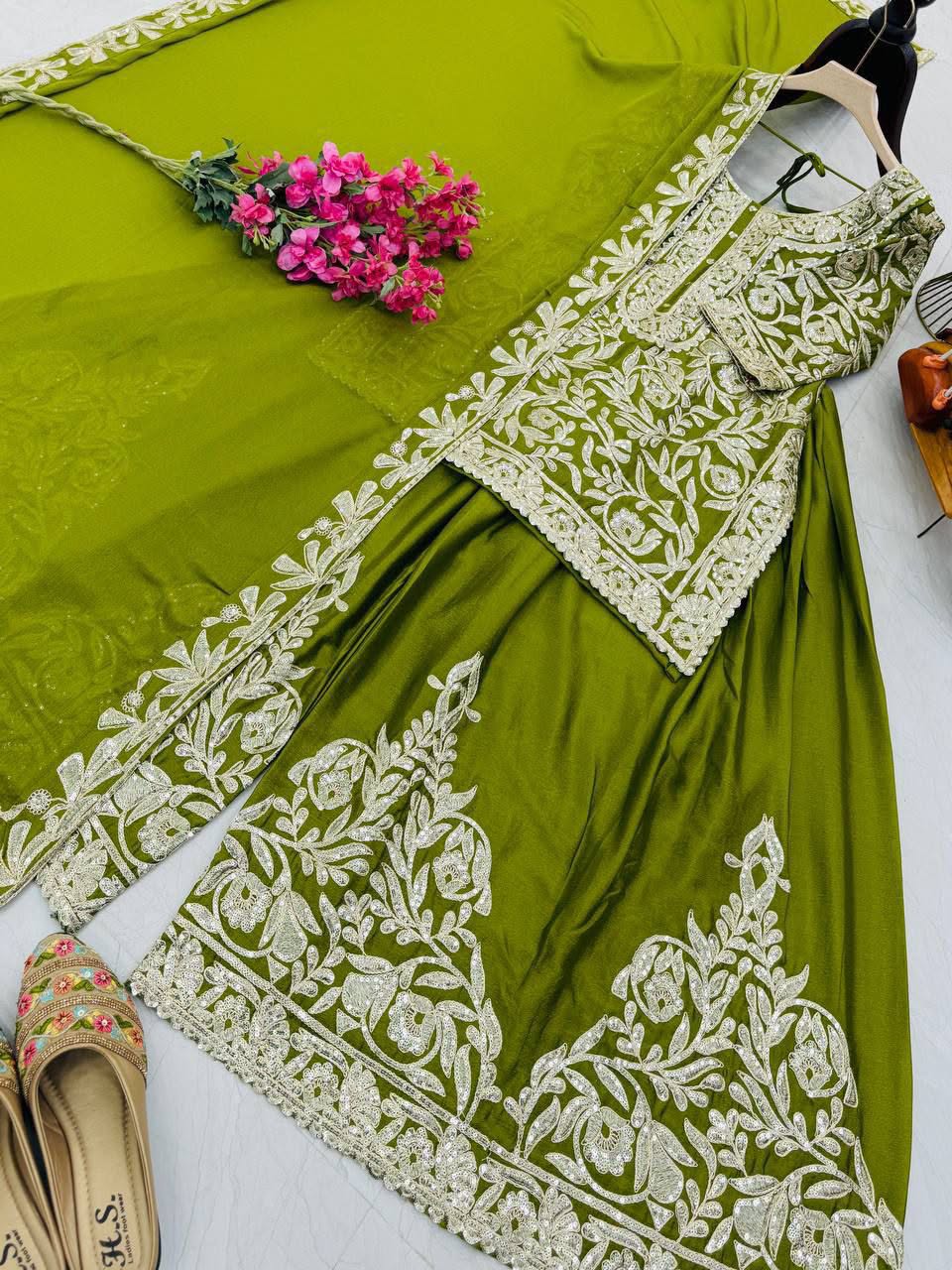 Designer Heavy Chinon Silk Embroidered Top Sharara Set with Dupatta