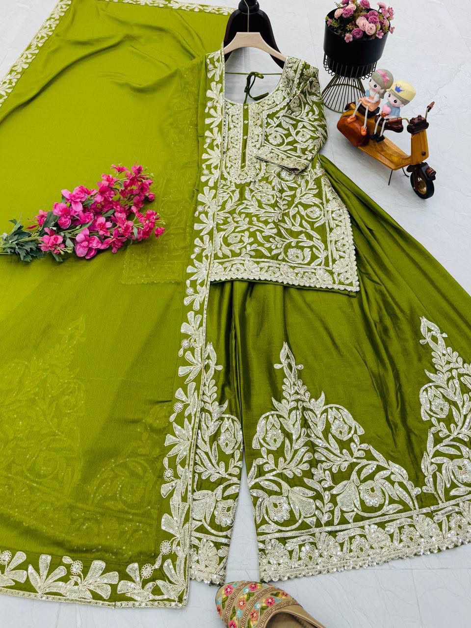 Designer Heavy Chinon Silk Embroidered Top Sharara Set with Dupatta