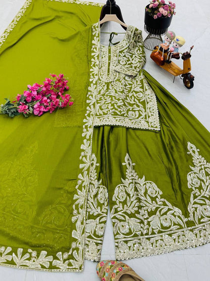 Designer Heavy Chinon Silk Embroidered Top Sharara Set with Dupatta