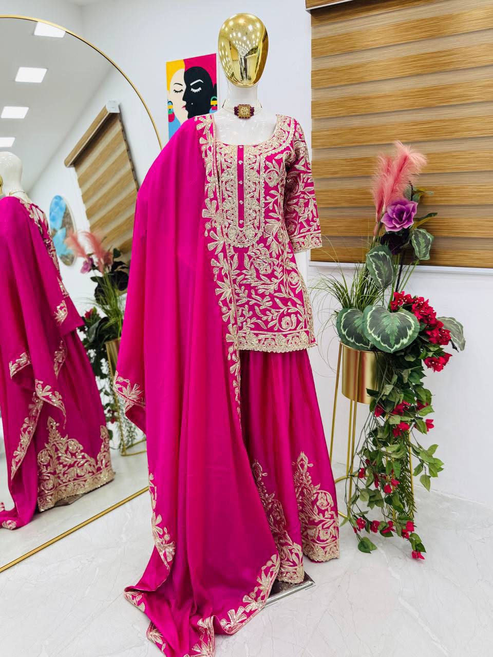 Designer Heavy Chinon Silk Embroidered Top Sharara Set with Dupatta