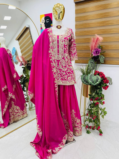 Designer Heavy Chinon Silk Embroidered Top Sharara Set with Dupatta