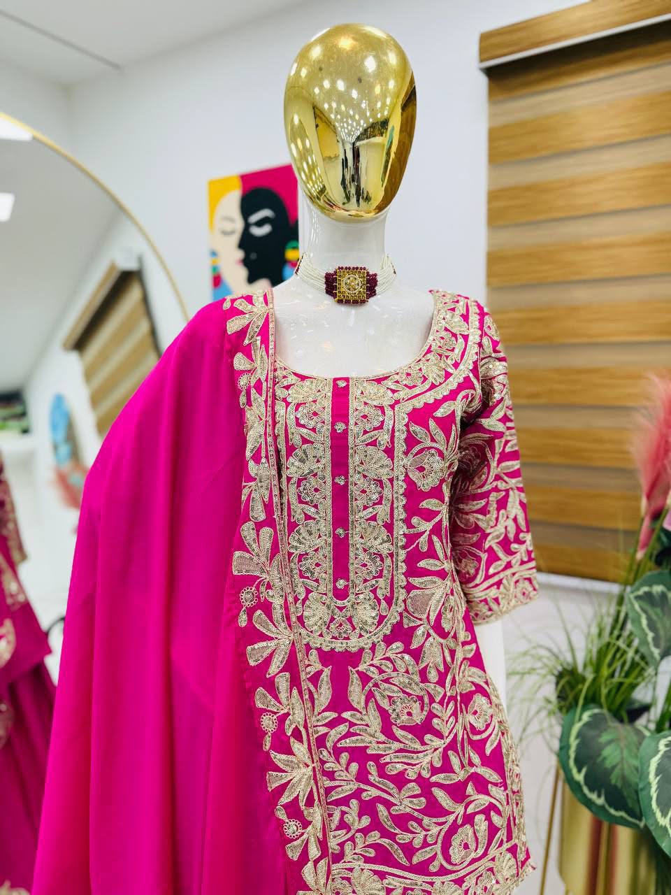 Designer Heavy Chinon Silk Embroidered Top Sharara Set with Dupatta