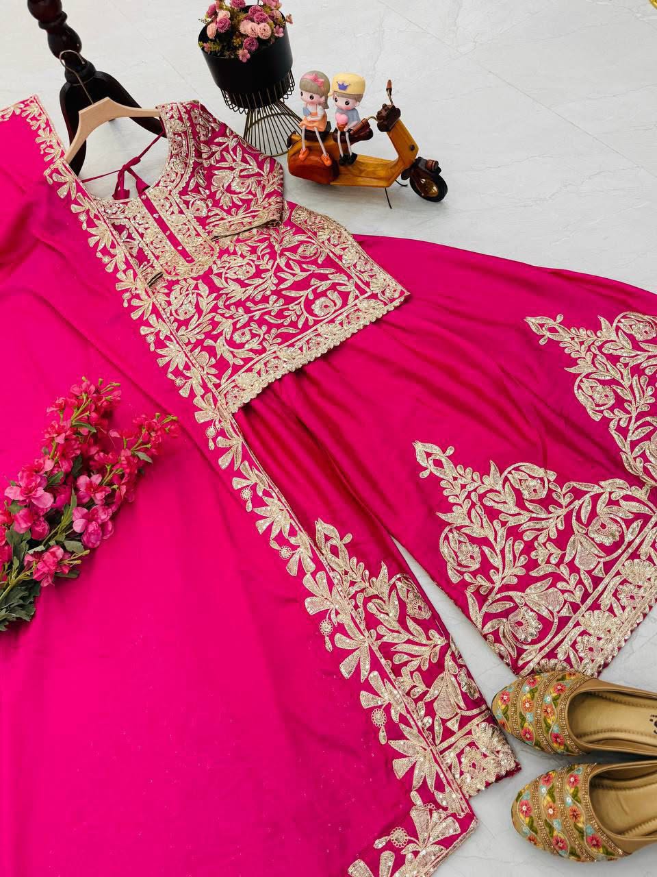 Designer Heavy Chinon Silk Embroidered Top Sharara Set with Dupatta