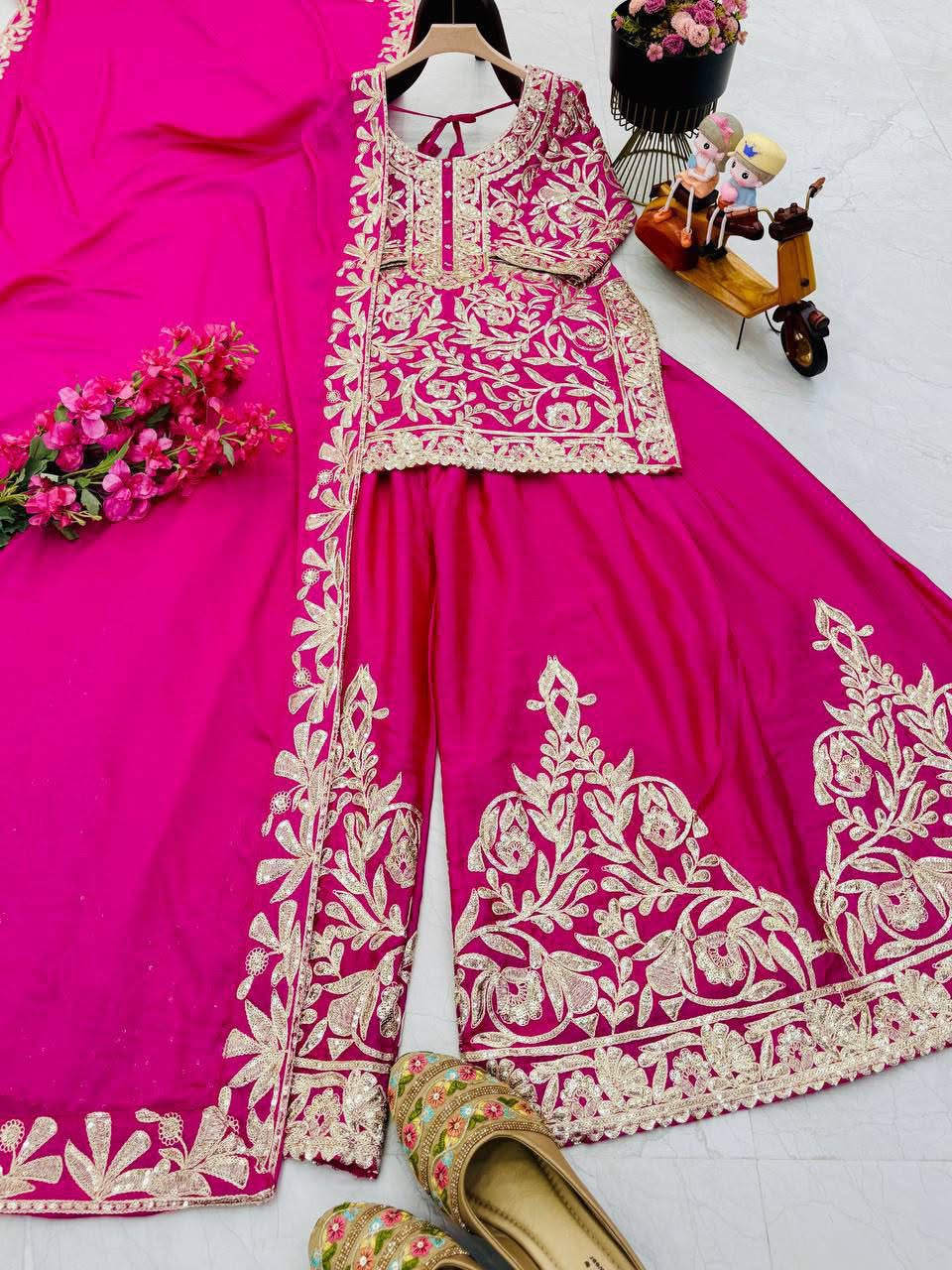 Designer Heavy Chinon Silk Embroidered Top Sharara Set with Dupatta