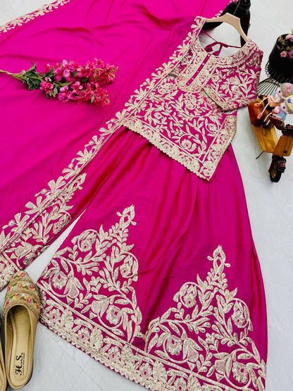 Designer Heavy Chinon Silk Embroidered Top Sharara Set with Dupatta