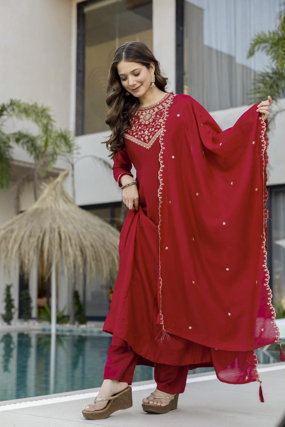 Pure Vichitra Silk Sequence Coding Embroidered Gown Set with Dupatta