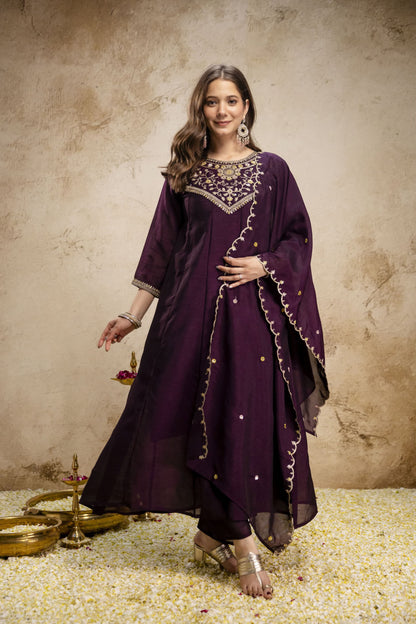 Pure Vichitra Silk Sequence Coding Embroidered Gown Set with Dupatta