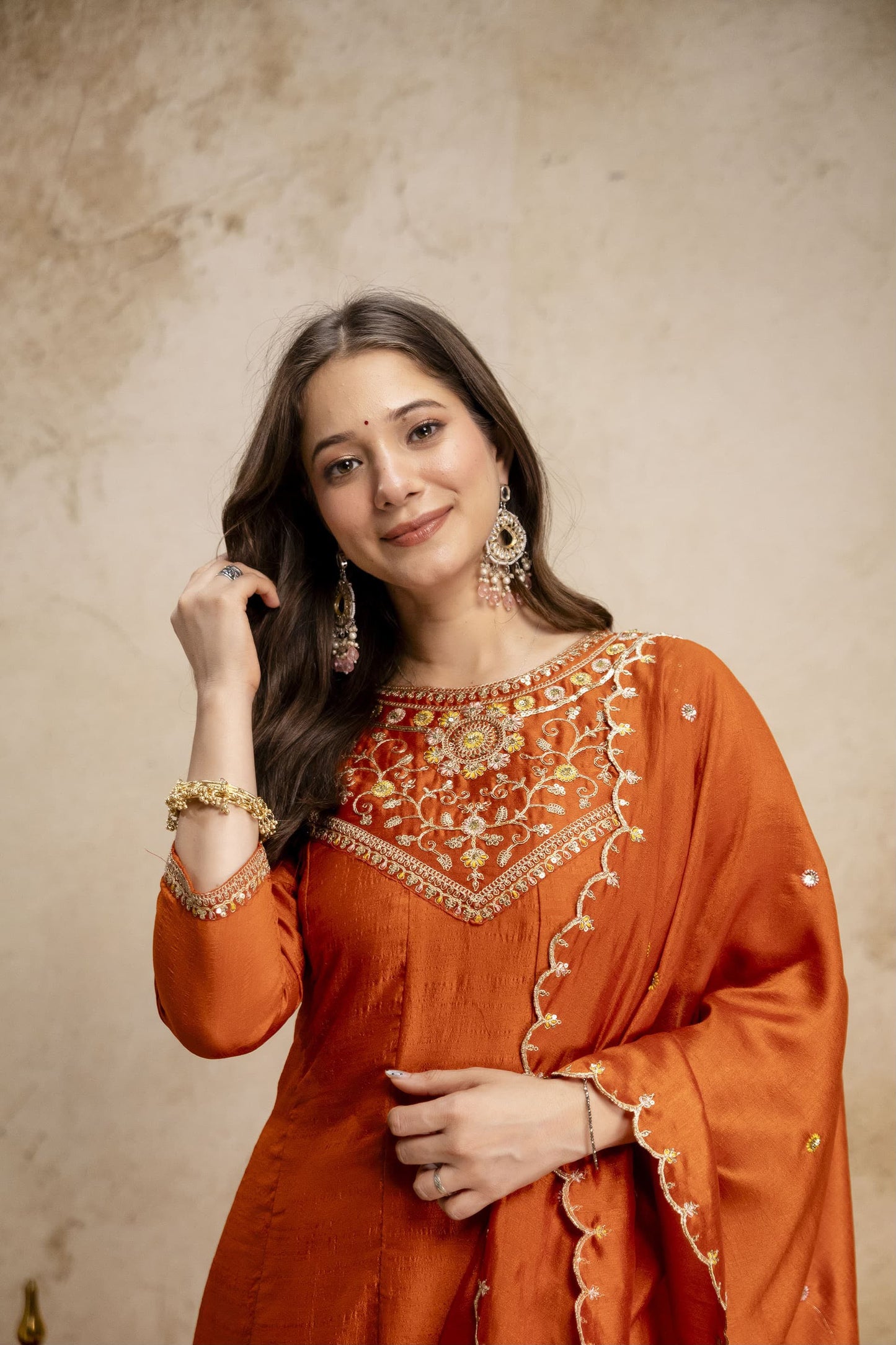 Pure Vichitra Silk Sequence Coding Embroidered Gown Set with Dupatta