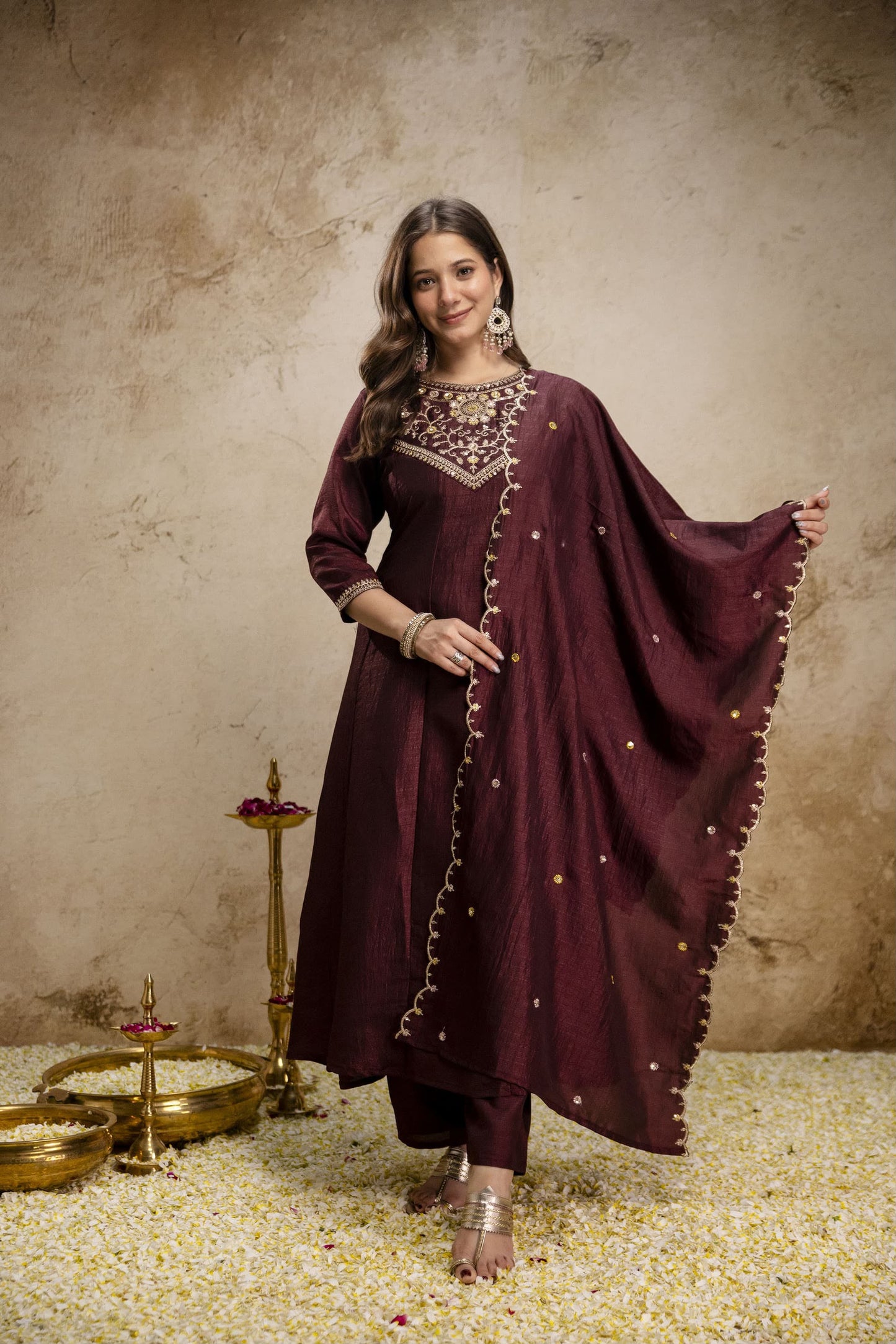 Pure Vichitra Silk Sequence Coding Embroidered Gown Set with Dupatta