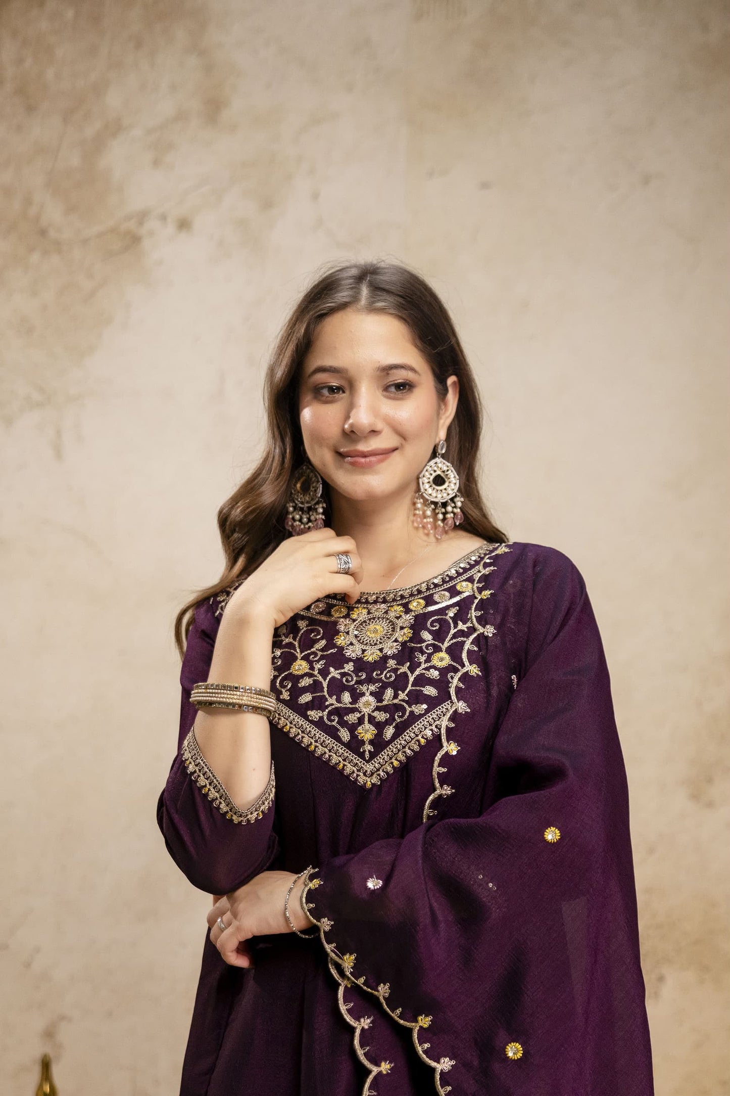 Pure Vichitra Silk Sequence Coding Embroidered Gown Set with Dupatta