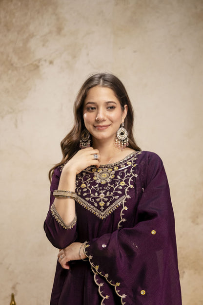 Pure Vichitra Silk Sequence Coding Embroidered Gown Set with Dupatta