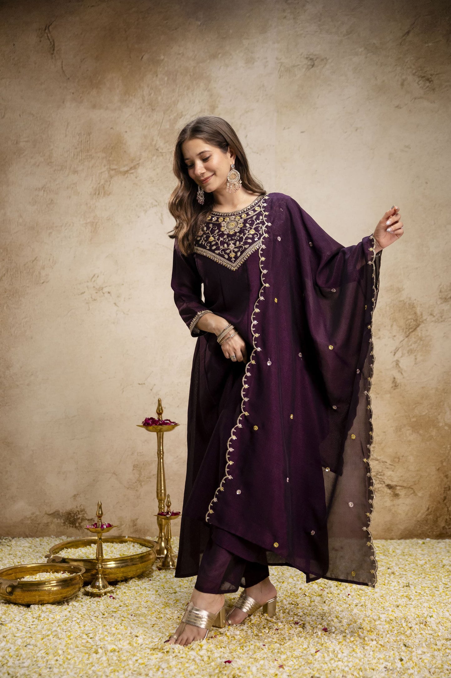 Pure Vichitra Silk Sequence Coding Embroidered Gown Set with Dupatta
