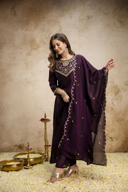 Pure Vichitra Silk Sequence Coding Embroidered Gown Set with Dupatta