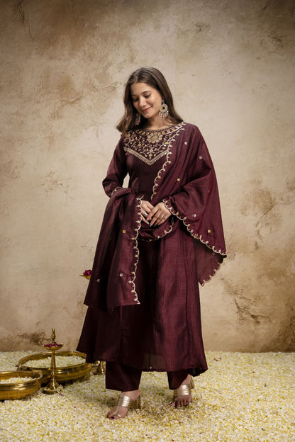 Pure Vichitra Silk Sequence Coding Embroidered Gown Set with Dupatta