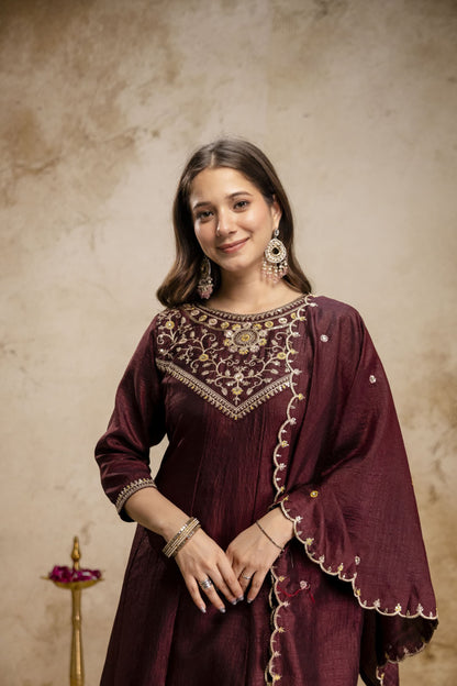 Pure Vichitra Silk Sequence Coding Embroidered Gown Set with Dupatta